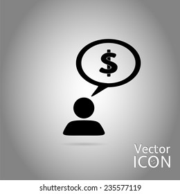 A person with a cloud. Icon dollar. Human thought bubble above his head. Flat design style. Made in vector illustration
