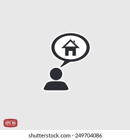 A person with a cloud. Icon home. Human thought bubble above his head. Flat design style. Made in vector illustration