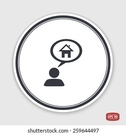 A person with a cloud. Icon home. Human thought bubble above his head. Flat design style. Made in vector illustration. Emblem or label with shadow.