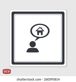 A person with a cloud. Icon home. Human thought bubble above his head. Flat design style. Made in vector illustration. Emblem or label with shadow.