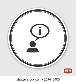 A person with a cloud. Information sign. The exclamation point. Human thought bubble above his head. Flat design style. Made in vector illustration. Emblem or label with shadow.