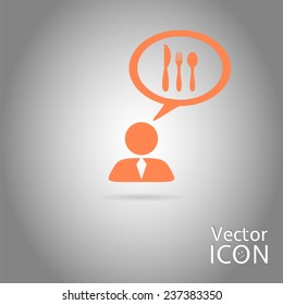 A person with a cloud. Knife and fork icon. Human thought bubble above his head. Made in vector illustration