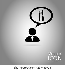 A person with a cloud. Knife and fork icon. Human thought bubble above his head. Made in vector illustration