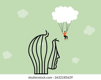 Person with cloud parachute escaping from mental health cage illustration
