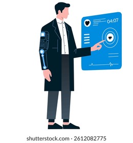 A person in a coat interacts with a digital health monitor displaying vital signs.