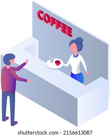 Person with coffee cup in cafe. Young man buys tea, relaxing at table in modern cafeteria. People resting in coffeeshop. Inside city coffeehouse. Waitress with brought breakfast to cafe visitor