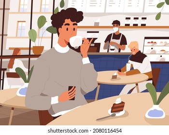 Person with coffee cup and cake in cafe. Young man drinking tea, sitting and relaxing at table in modern cafeteria. People resting in coffeeshop. Inside city coffeehouse. Flat vector illustration