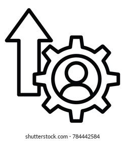 A person in a cogwheel with upward arrow symbolising personal development, line icon