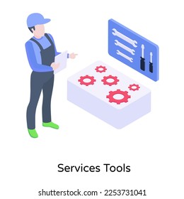 Person with cogwheels, spanners, screwdrivers, isometric icon of services tools 