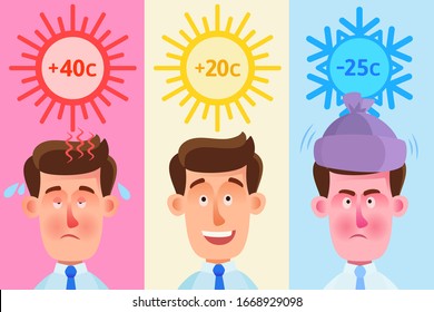 A person is cold, feel hot and feel good. The outdoor temperature, weather influence to well-being and mood of a person. Weather forecast. Vector illustration 