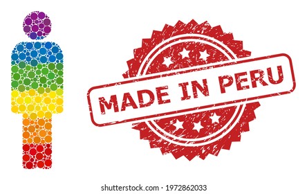 Person collage icon of filled circle dots in different sizes and LGBT multicolored color tinges, and Made in Peru grunge rosette stamp. A dotted LGBT-colored Person for lesbians, gays, transgenders,