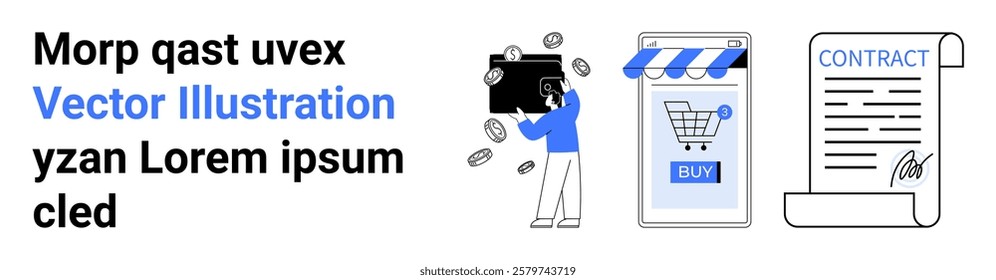 Person collecting coins, online shopping cart, and contract document. Ideal for e-commerce, business transactions, financial management, contracts, and digital services. Banner for landing page