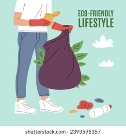 Person collecting garbage into trash bag. ECO friendly lifestyle vector poster. Cartoon eco volunteer raking, picking up plastic waste, cleaning environment nature from rubbish