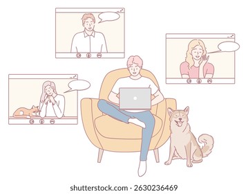 A person comfortably using a laptop in a cozy setting, actively engaging in virtual conversations with friends