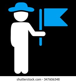 Person Commander vector icon. Style is bicolor flat symbol, blue and white colors, rounded angles, black background.