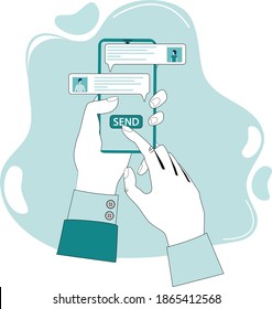 A person communicates in a chat using SMS messages.Modern communication.Hands and phone on a green background.Flat vector illustration.