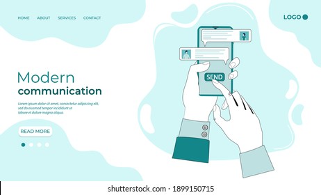 A person communicates in a chat using SMS messages.Modern communication.Hands and phone on a green background.Flat vector illustration.The template of the landing page.