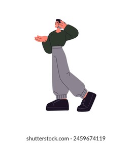 Person communicates with mobile phone call. Young man holds smartphone in hand, talks on the go. Guy speak, chats with telephone while walk. Flat isolated vector illustration on white background