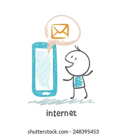 person communicates with people through the Internet from a mobile phone illustration