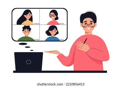 Person communicates via internet. Videocall at work, remote office colleagues at business call, virtual video meeting at distance. Vector flat illustration.