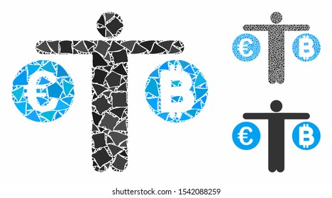 Person compare Bitcoin and Euro composition of humpy parts in different sizes and color hues, based on person compare Bitcoin and Euro icon. Vector trembly parts are united into collage.