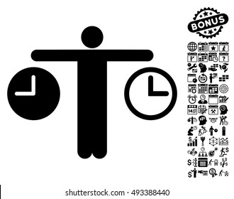 Person Compare Clocks icon with bonus calendar and time management design elements. Vector illustration style is flat iconic symbols, black color, white background.