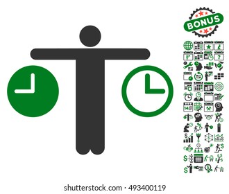 Person Compare Clocks pictograph with bonus calendar and time management design elements. Vector illustration style is flat iconic bicolor symbols, green and gray colors, white background.