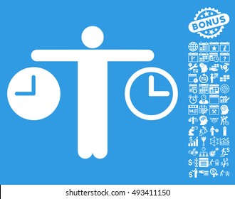Person Compare Clocks pictograph with bonus calendar and time management graphic icons. Vector illustration style is flat iconic symbols, white color, blue background.