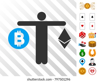 Person Compare Cryptocurrency icon with bonus gambling pictures. Vector illustration style is flat iconic symbols. Designed for gambling ui.