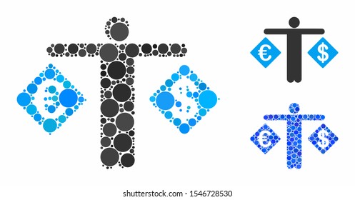 Person compare Dollar and Euro composition of spheric dots in different sizes and color tones, based on person compare Dollar and Euro icon. Vector round dots are combined into blue composition.