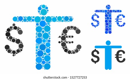 Person compare Euro Dollar composition of small circles in various sizes and shades, based on person compare Euro Dollar icon. Vector small circles are combined into blue illustration.