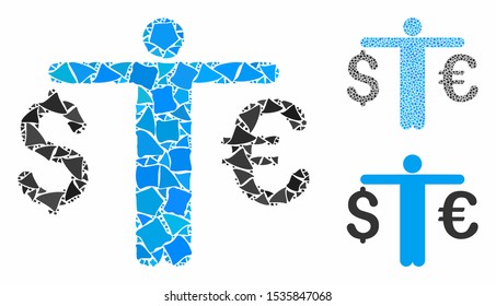 Person compare Euro Dollar mosaic of tuberous elements in variable sizes and shades, based on person compare Euro Dollar icon. Vector inequal elements are grouped into illustration.