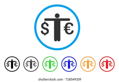 Person Compare Euro Dollar rounded icon. Style is a flat person compare euro dollar gray symbol inside light blue circle with black, gray, green, blue, red, orange versions.
