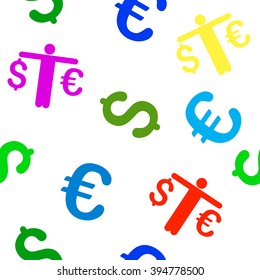 Person Compare Euro Dollar vector repeatable pattern with dollar and euro currency symbols. Style is flat colored icons on a white background.