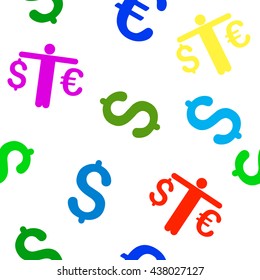 Person Compare Euro Dollar vector seamless repeatable pattern. Style is flat person compare euro dollar and dollar symbols on a transparent background.