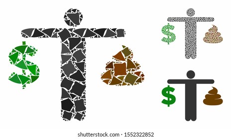 Person compare shit dollar composition of inequal pieces in variable sizes and shades, based on person compare shit dollar icon. Vector inequal dots are organized into composition.