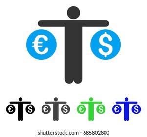 Person Compares Currency flat vector illustration. Colored person compares currency gray, black, blue, green icon versions. Flat icon style for web design.
