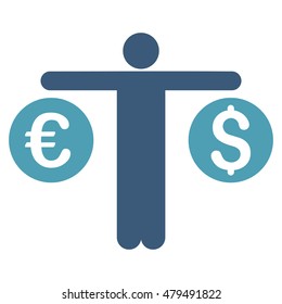 Person Compares Currency icon. Vector style is bicolor flat iconic symbol, cyan and blue colors, white background.
