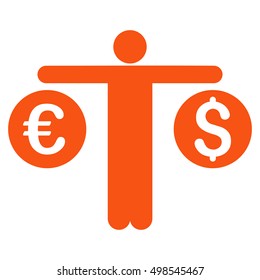 Person Compares Currency icon. Vector style is flat iconic symbol, orange color, white background.