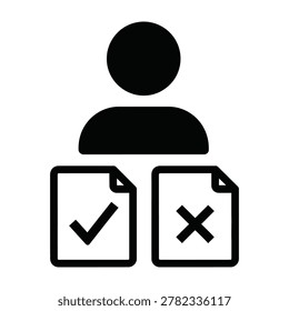 A person compares two documents, one with a checkmark and the other with a cross, symbolizing decisions or evaluations
