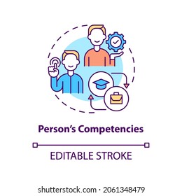 Person competencies concept icon. Experienced specialist skills and knowledge. Professional growth idea thin line illustration. Vector isolated outline RGB color drawing. Editable stroke