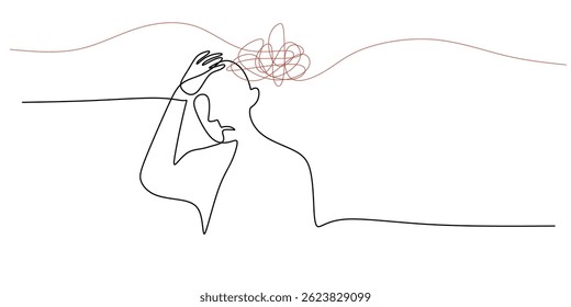 Person with a complicated brain in continuous line drawing. Symbol of emotional stress, confusion, and cognitive overload. Vector illustration hand drawn.