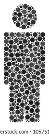 Person composition of filled circles in different sizes and color shades. Circle elements are organized into person vector illustration. Vector design concept.