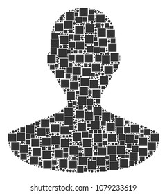 Person composition icon of squares and round items in variable sizes. Vector items are formed into person illustration design concept.
