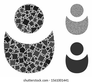 Person composition of raggy items in different sizes and shades, based on person icon. Vector raggy items are composed into mosaic. Person icons collage with dotted pattern.