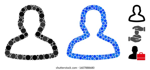 Person composition of round dots in various sizes and color hues, based on person icon. Vector round dots are grouped into blue composition. Dotted person icon in usual and blue versions.