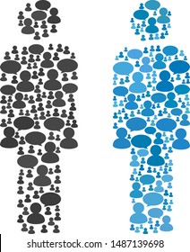 Person compositions of Chat Clouds and People symbols. Vector mosaic in blue color shades. Customers and chat balloons are organized into Person mosaics. Flat design on a white background.