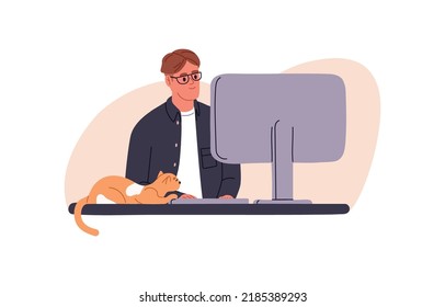 Person at computer, cat lying on desk. Man freelance worker and cute kitty at home office. Remote work of pet owner and feline animal. Flat graphic vector illustration isolated on white background