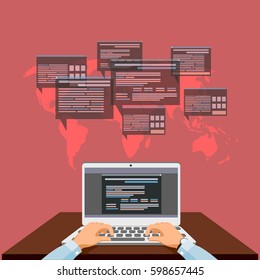 The person at the computer, the concept of work in network, development of program providing,  vector illustration.