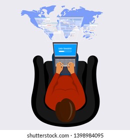 Person at the computer, data transfer net surfing, vectorial illustration.